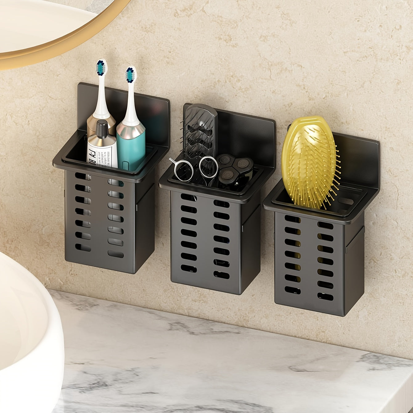 Wall-Mounted Bathroom Toothbrush Holder with Storage Rack Organizer and Container