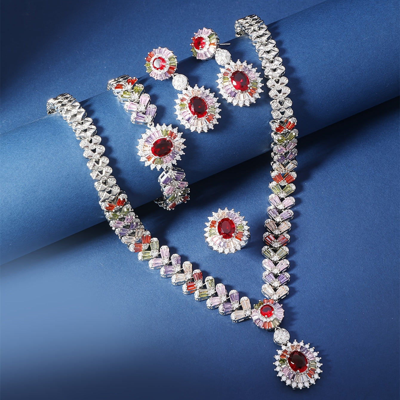 Vintage 24K Gold Plated Zirconia Jewelry Set with Necklace Bracelet Earrings Ring for Women