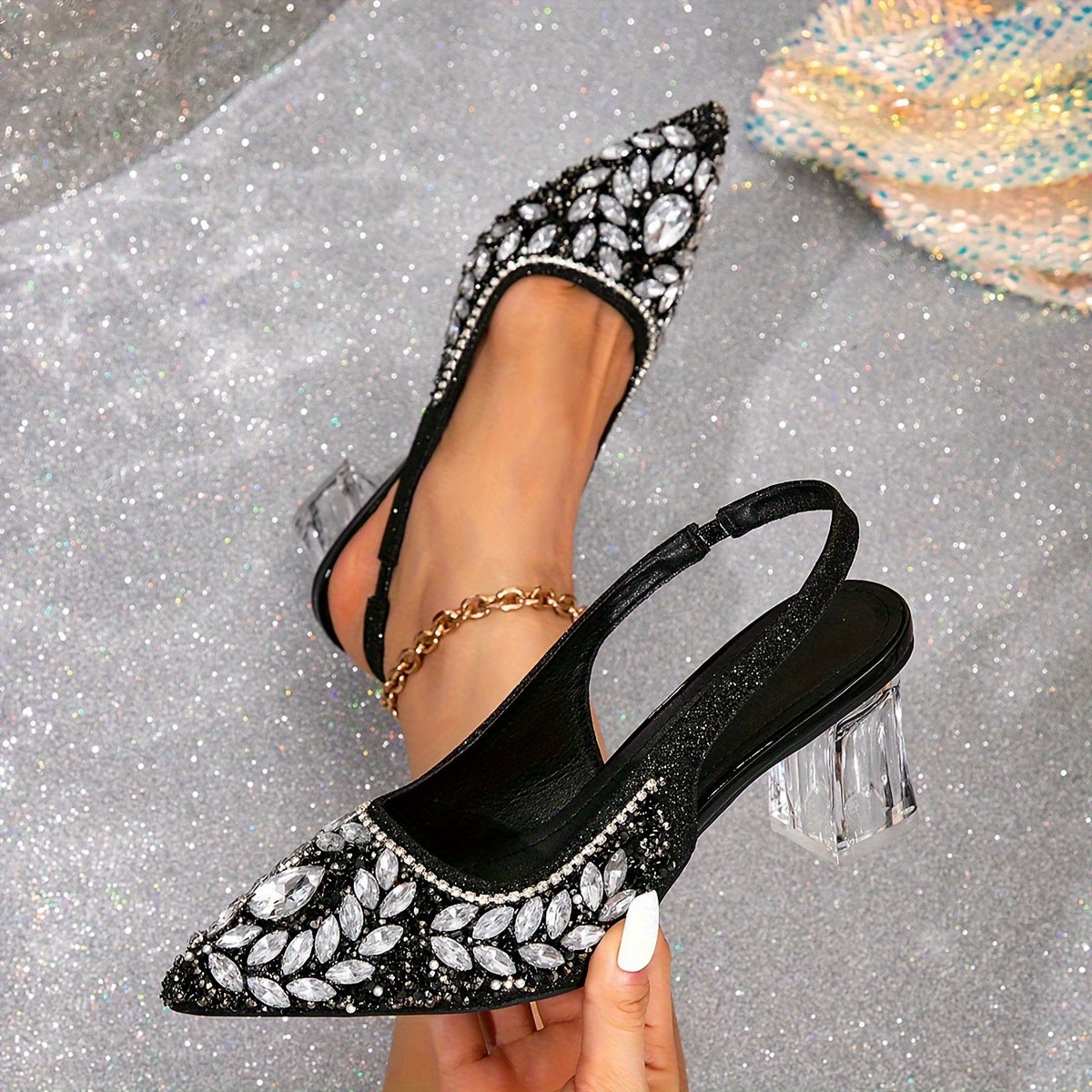 Women's Rhinestone-Embellished Pointed Toe Block Heel Pumps Black Dress Shoes