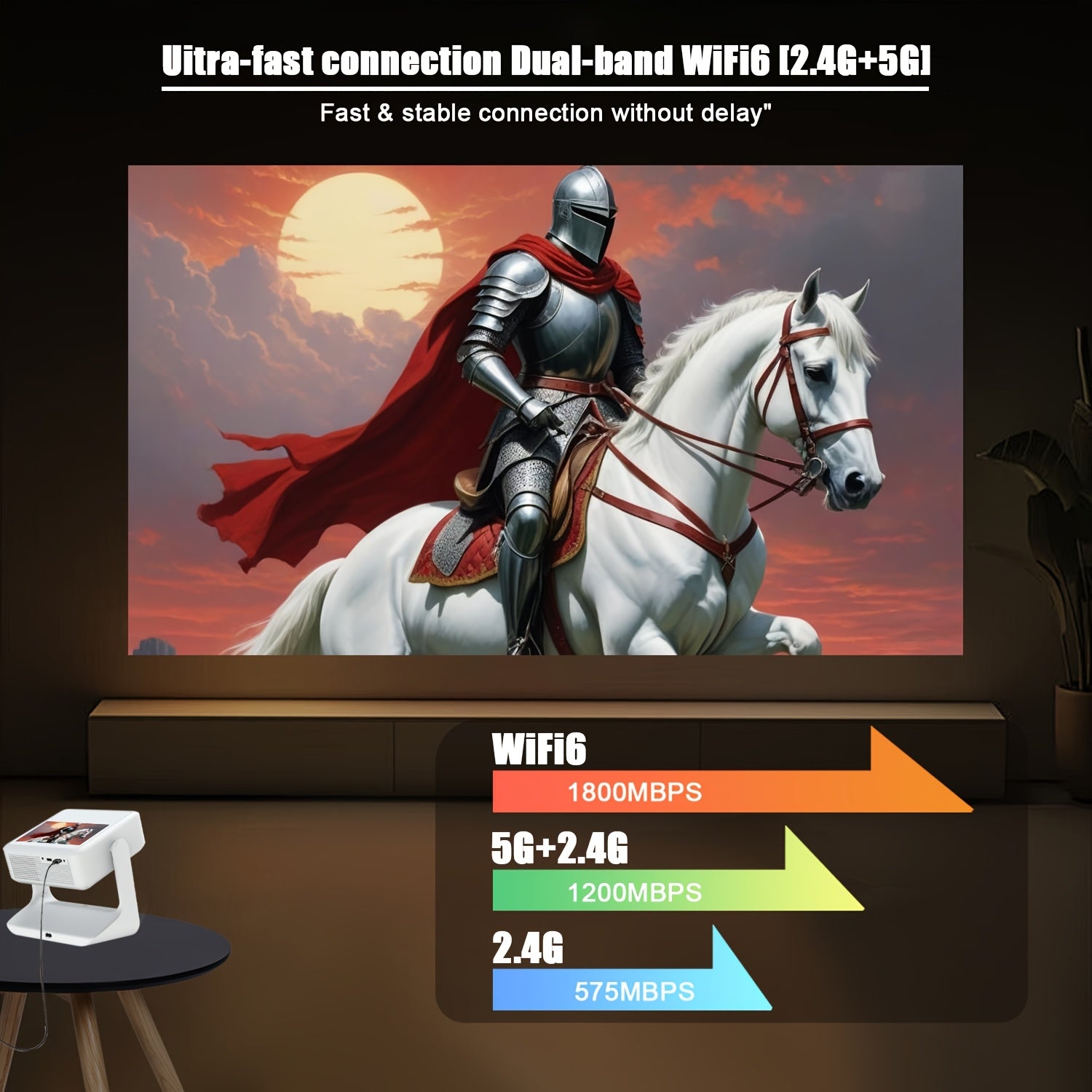 Портативный 4K HD умный проектор с WiFi6 и автоматической коррекцией трапеции