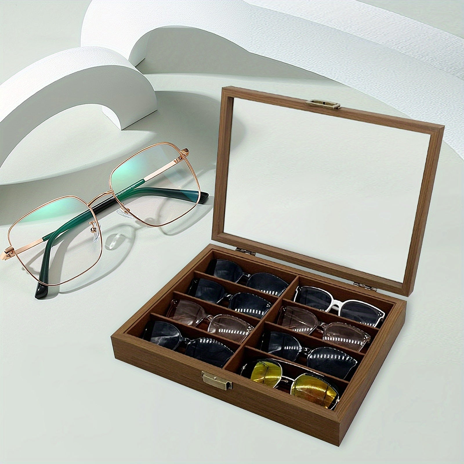 Black Walnut Wood Eyewear Organizer for Women Holds 8 Glasses Stylish Display Case