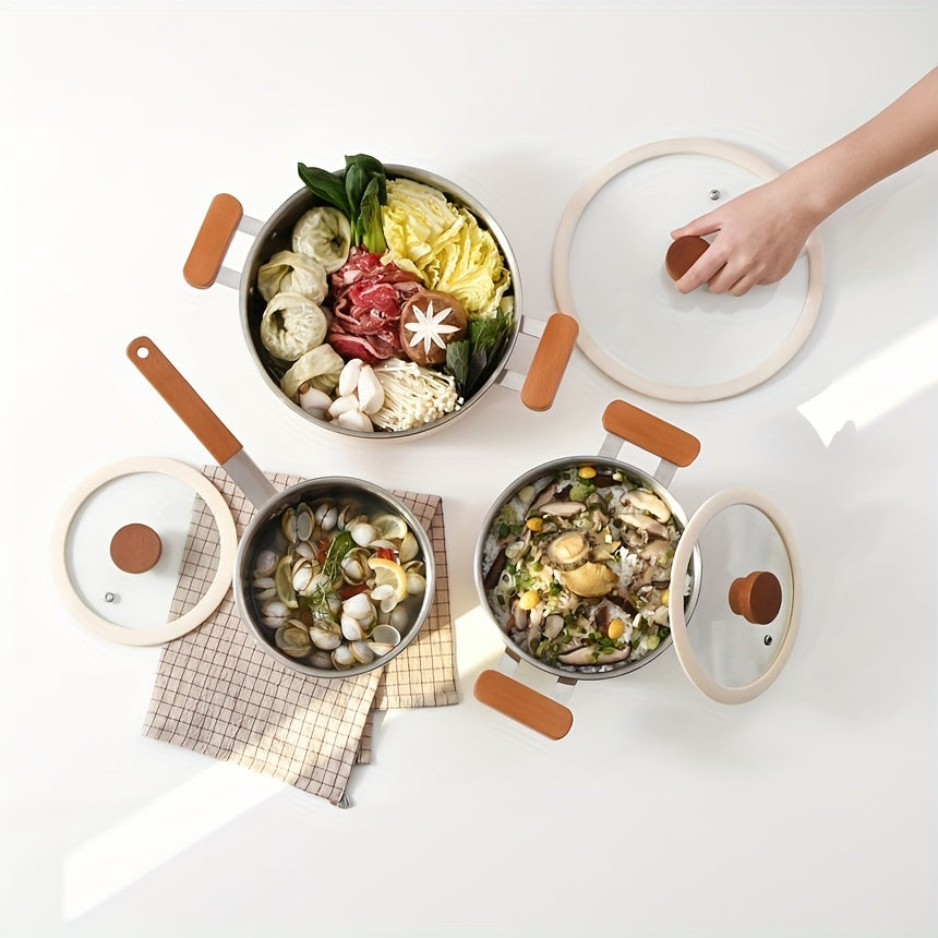 Juego de utensilios de cocina de acero inoxidable con pintura cerámica, tapas de vidrio templado y mangos de madera