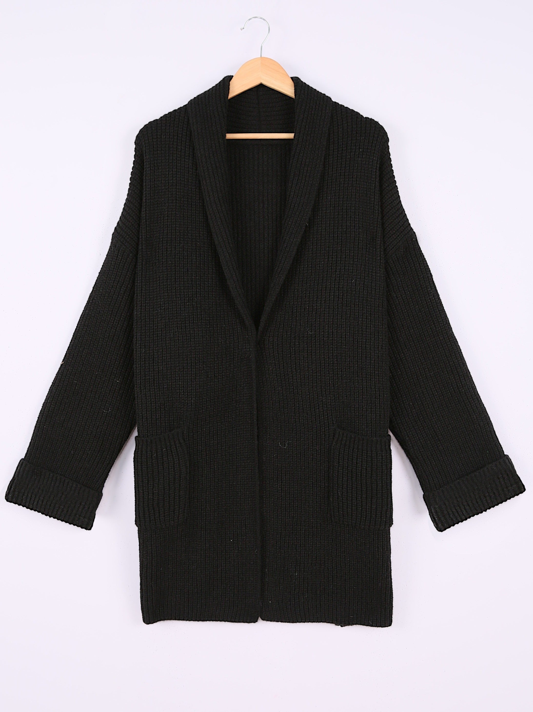 Plus Size Solid Color Knit Cardigan for Women Polyester Open Front with Pockets for Fall Winter
