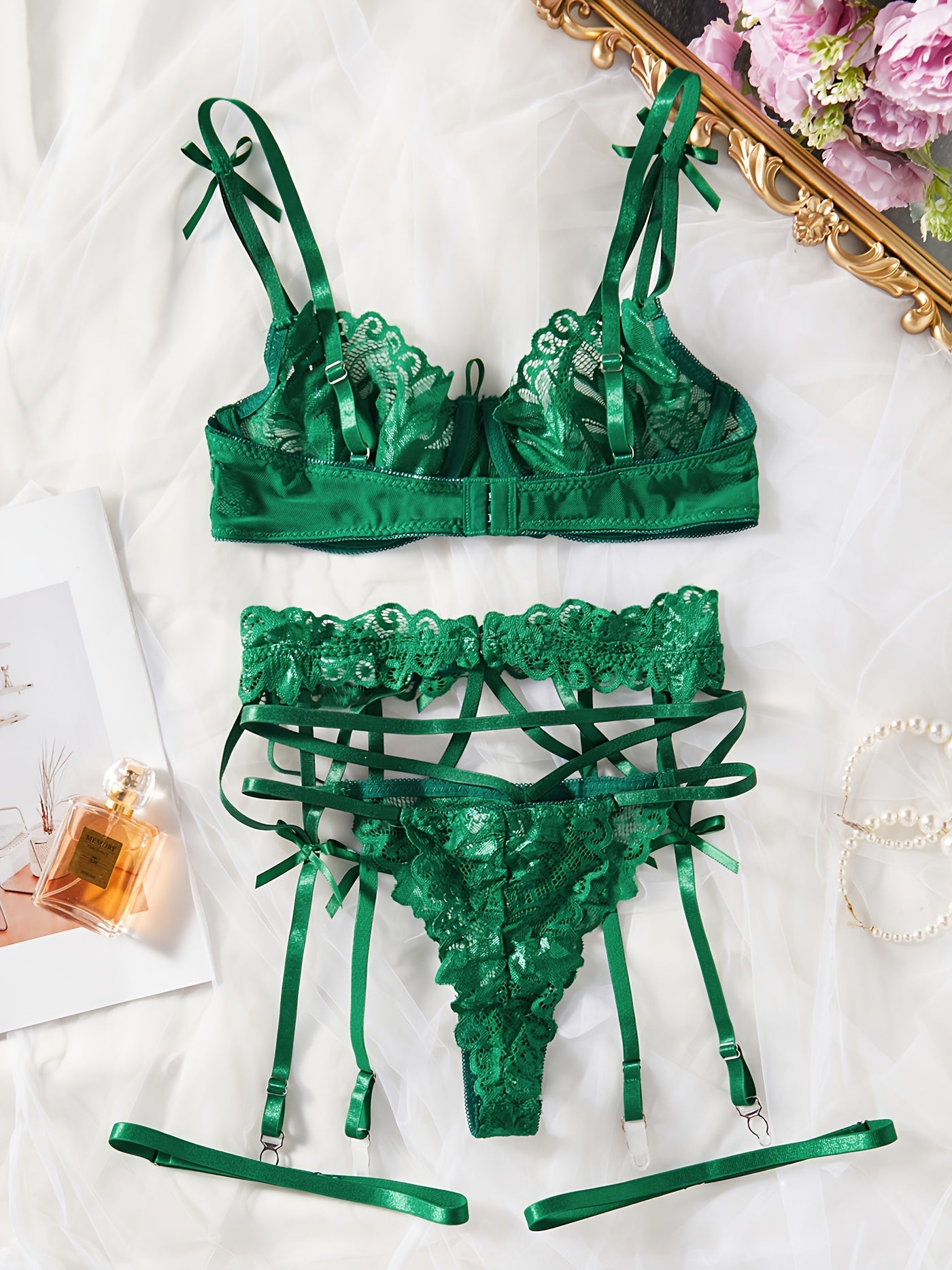 Women's Lingerie Set Satin Lace Bra and Panty Pack of 2