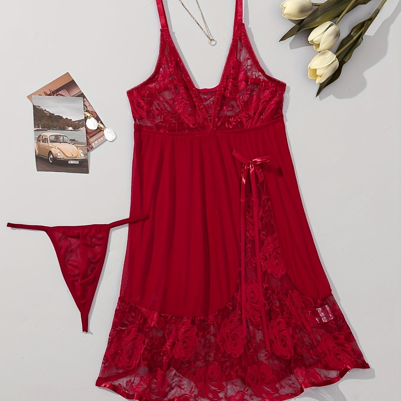 Lingerie Red Lace Mesh Slip Dress with Thong Set V-Neck Bow Detail