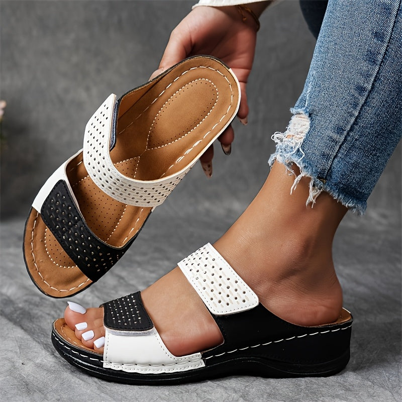 Women Summer Solid Color Wedge Sandals Open-Toe Platform Rhinestone