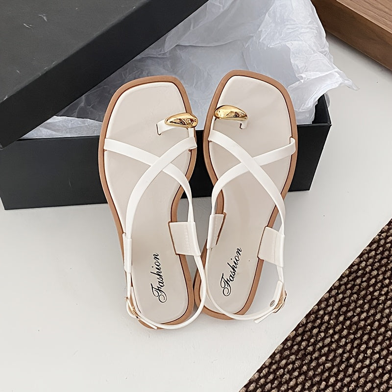 Women's Flat Sandals PVC Adjustable Buckle Beige Black Summer Shoes