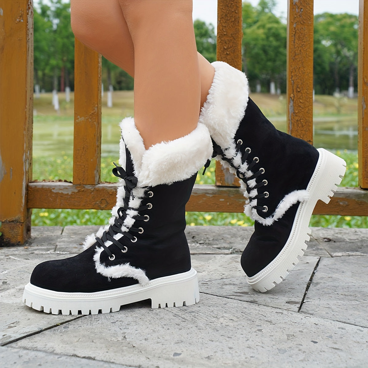 Women's Winter Boots Warm Faux Leather Cowgirl Ankle Shoes Black White