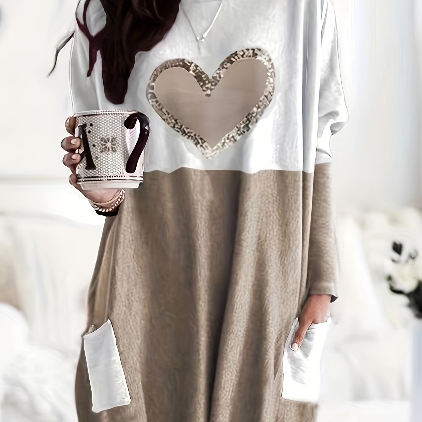 Women's Long Sleeve T-Shirt Heart Print Color Block Fall Winter Easy Care