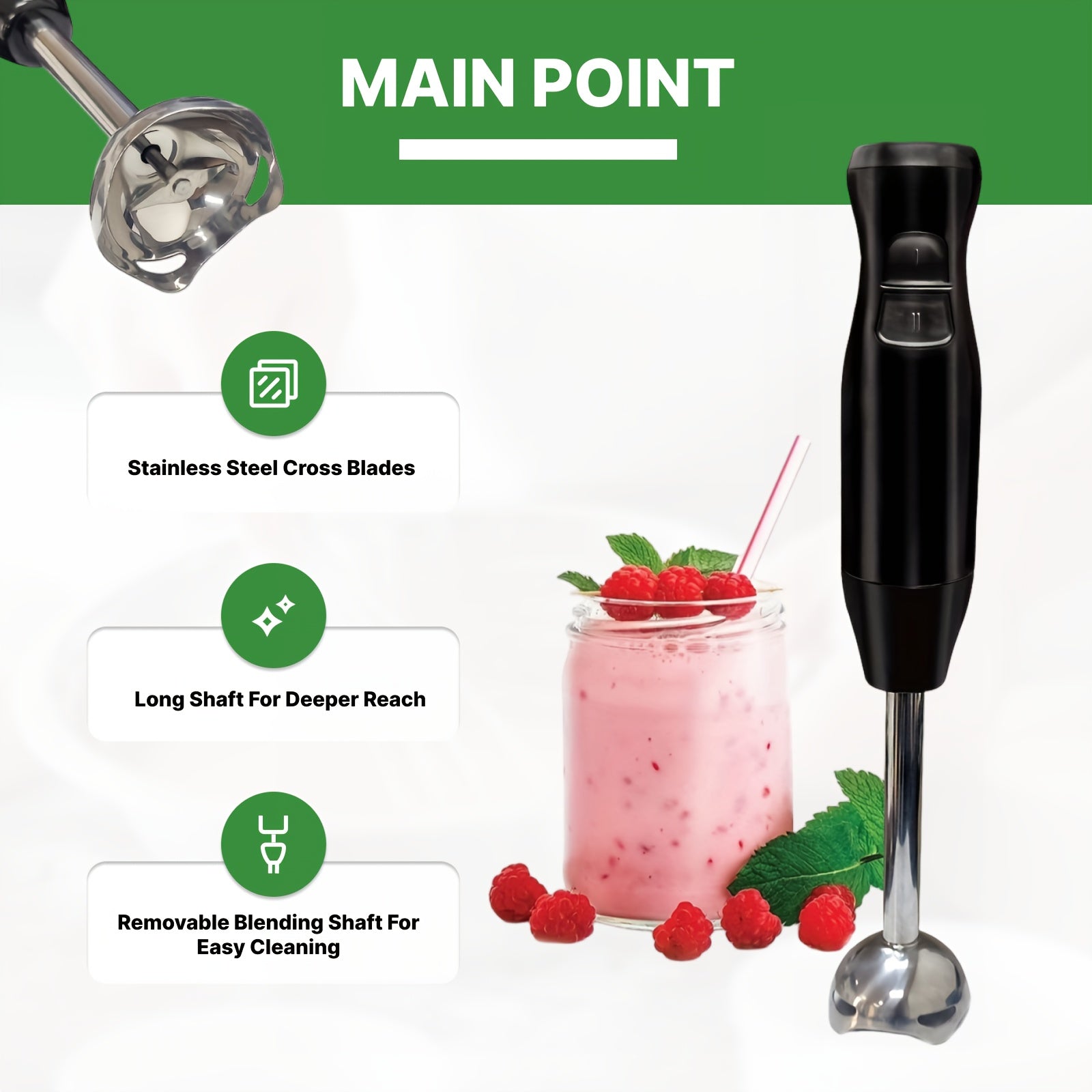 Electric Hand Blender Stainless Steel 2-Speed Food-Grade Immersion Mixer Chopper Ice Crushing