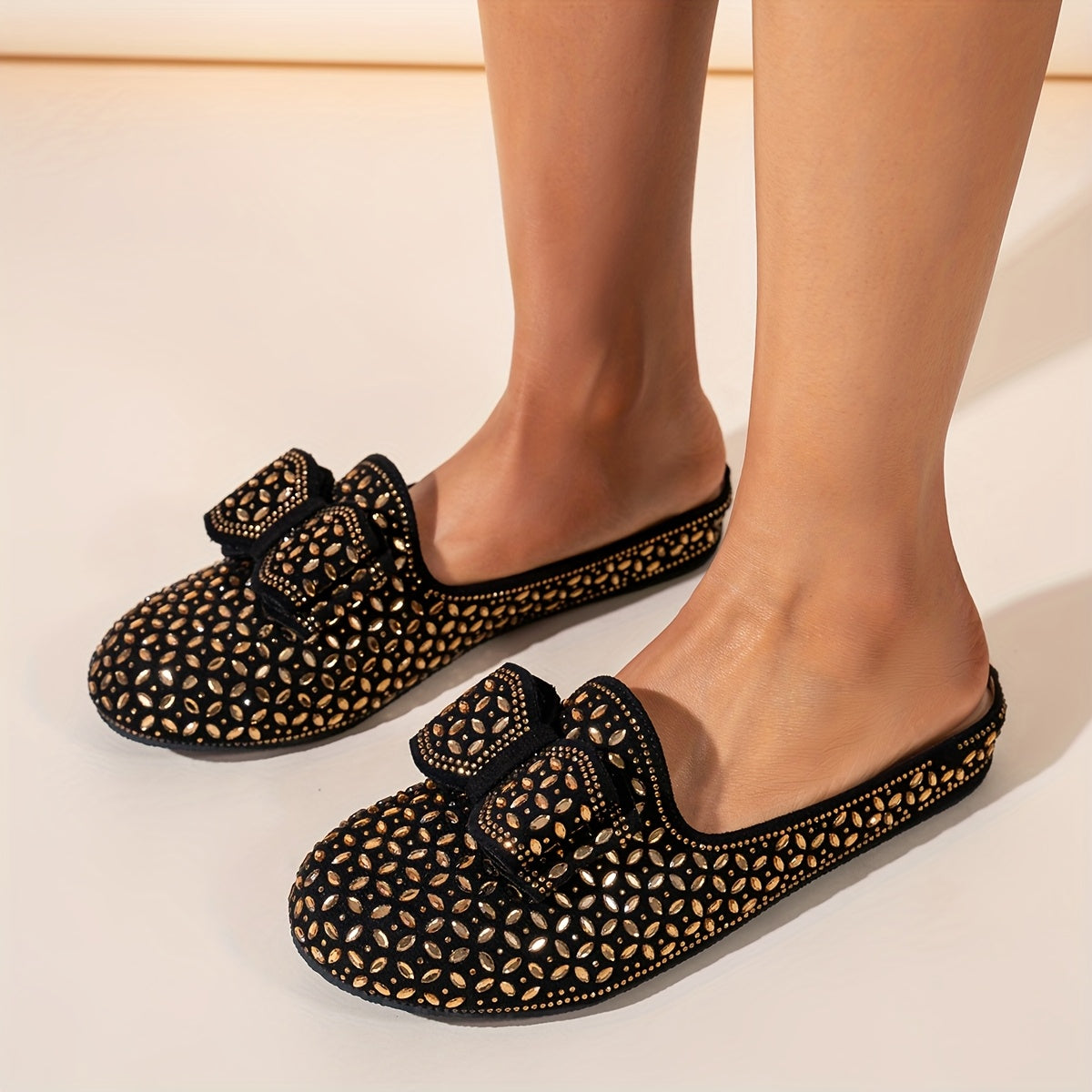 Women's Vintage Rhinestone Bowknot Mules Black Fabric Flats All-Season