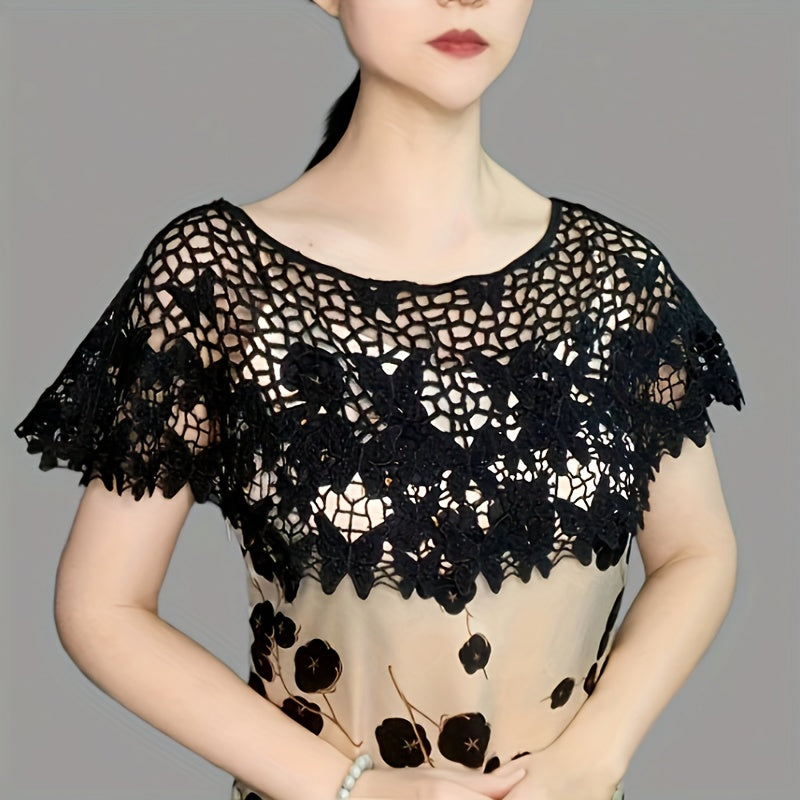 Hollow Lace Shawl Pullover Cape and Monochrome Skirt Set for Summer Women
