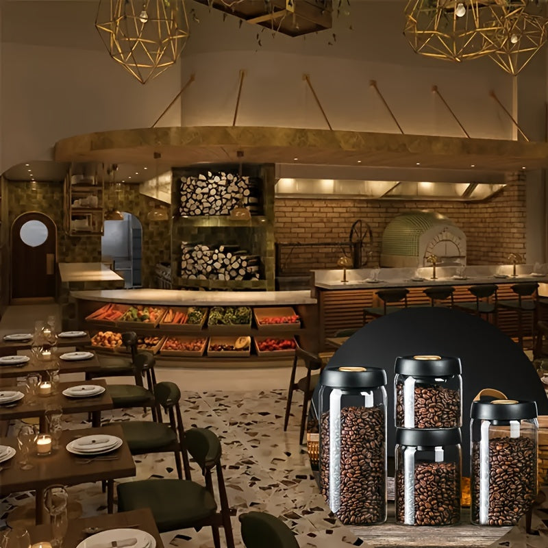 Havoni chiqaradigan yopqichli shisha qahva bankasi, loviya, don va choy uchun vakuum yopqichli qopqoq bilan