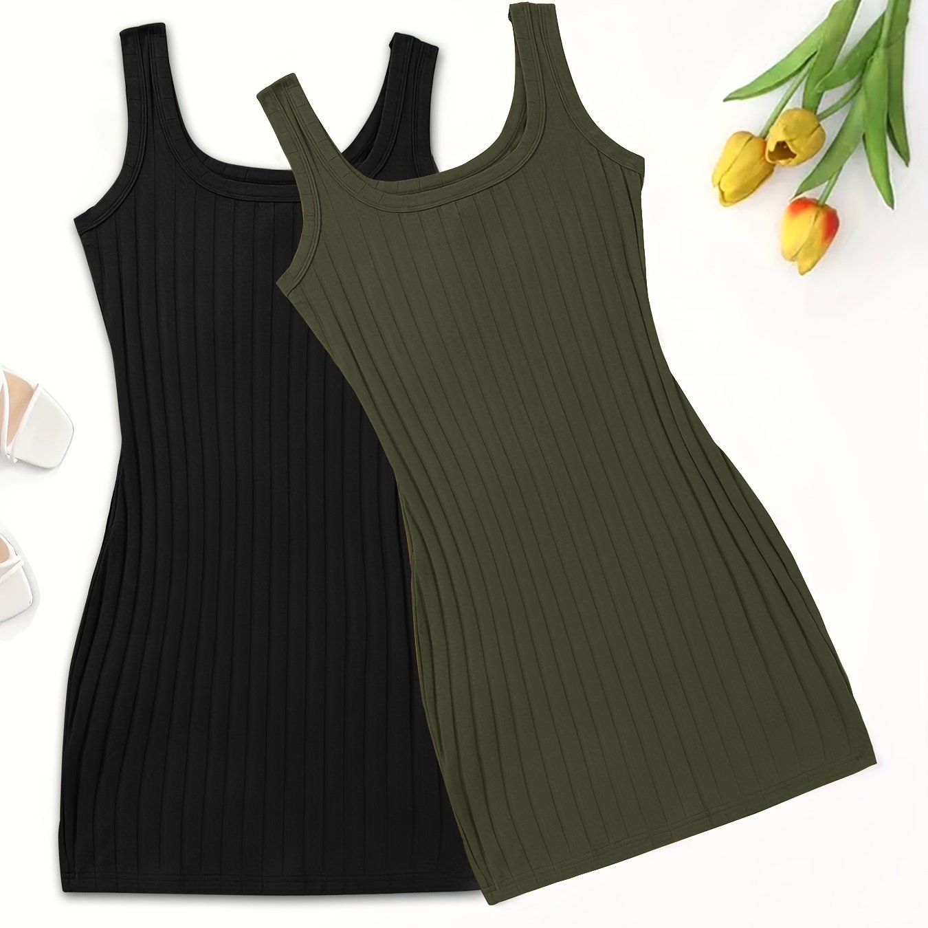 Women's Ribbed Sleep Dresses Two-Pack Black Light Blue Square Neck Stretchy Polyester Nightgowns