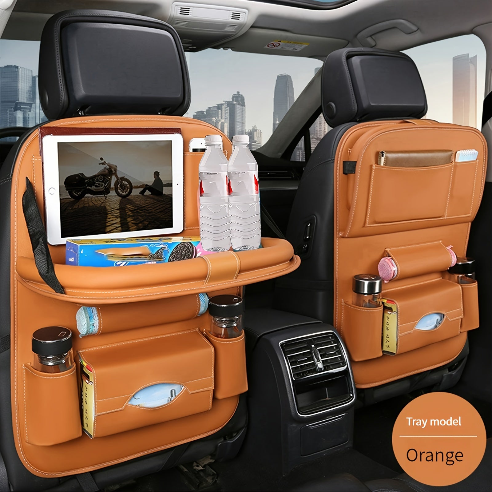 Luxury PU Leather Car Storage Bag and Tray for Snacks and Toys