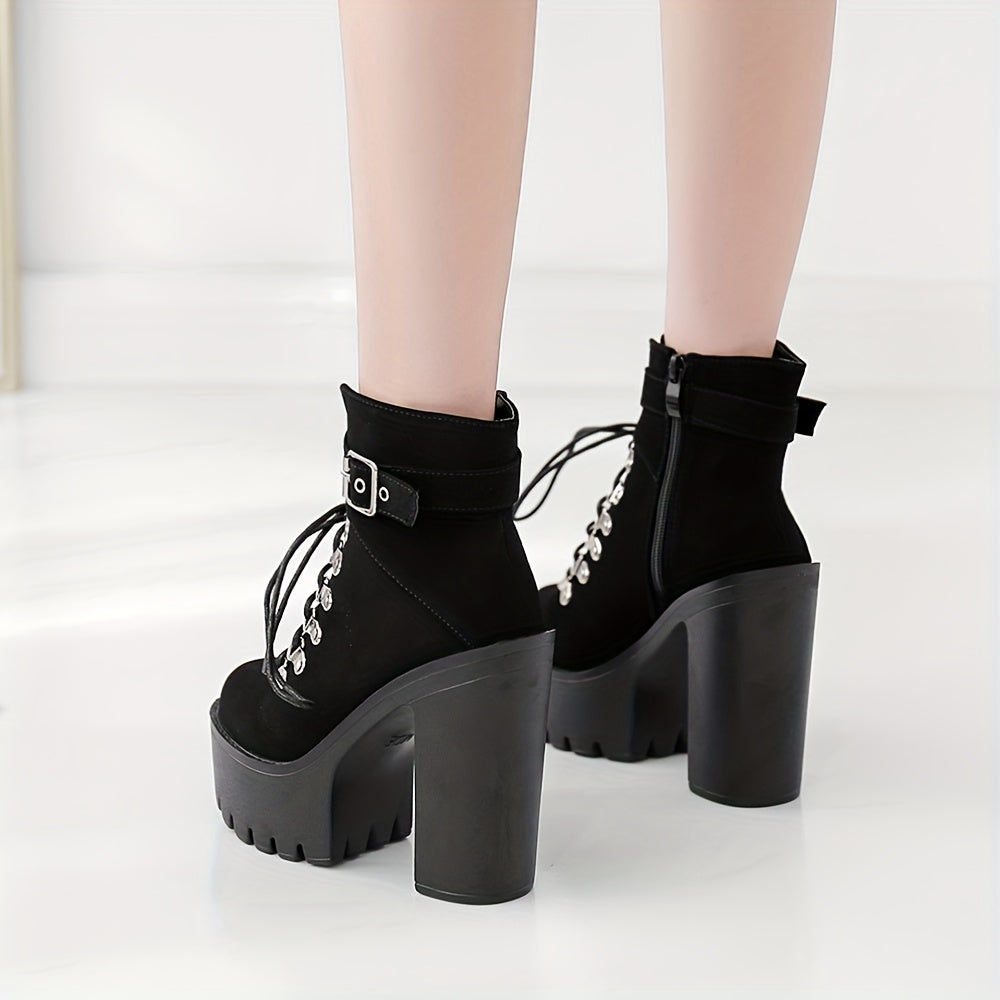 Women's Black Platform Block Heel Ankle Boots, Lace Up Buckle Strap, Fashion Party Motorcycle Style