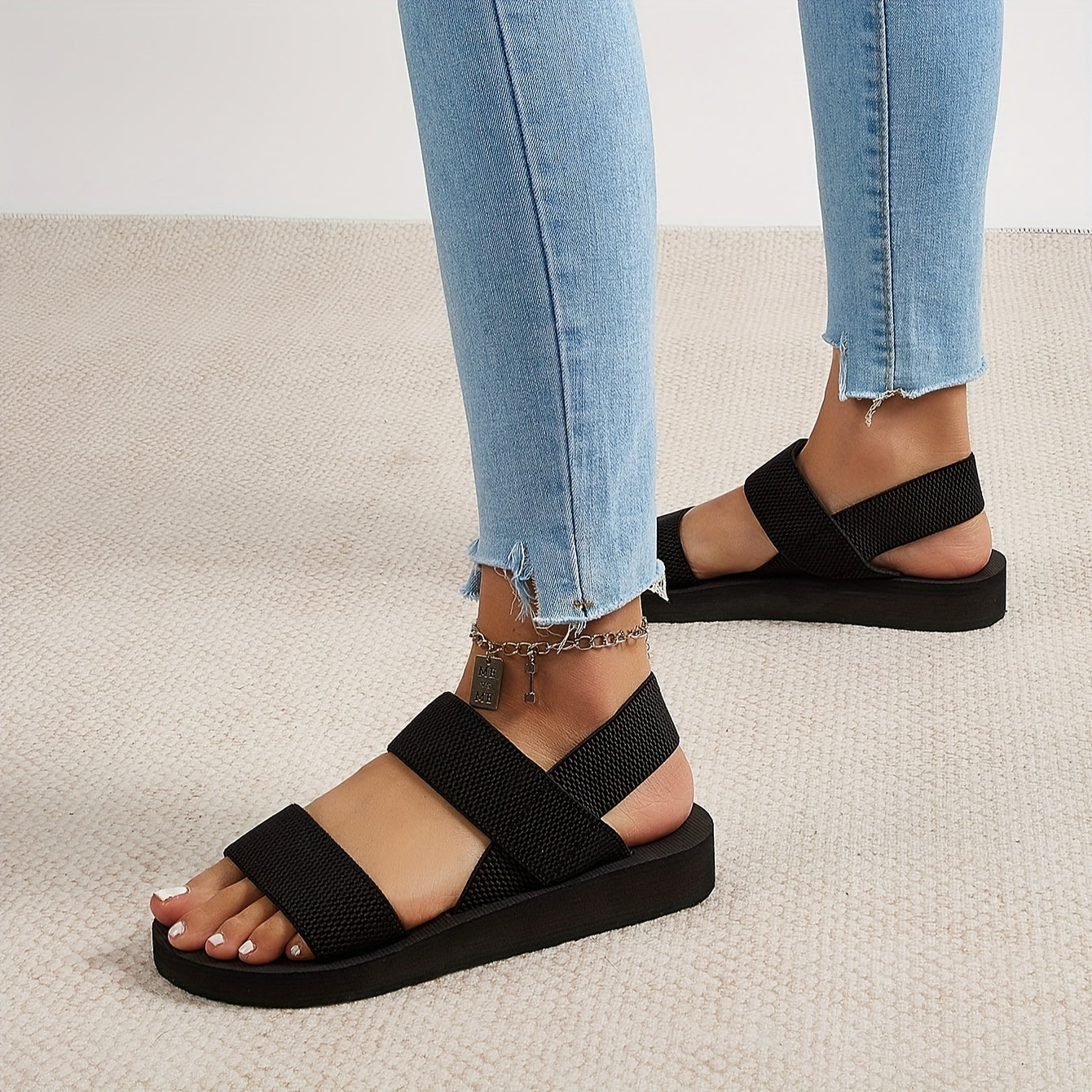 Women's Flat Sandals Faux Rope Sole Breathable Fabric Cushioned Comfortable