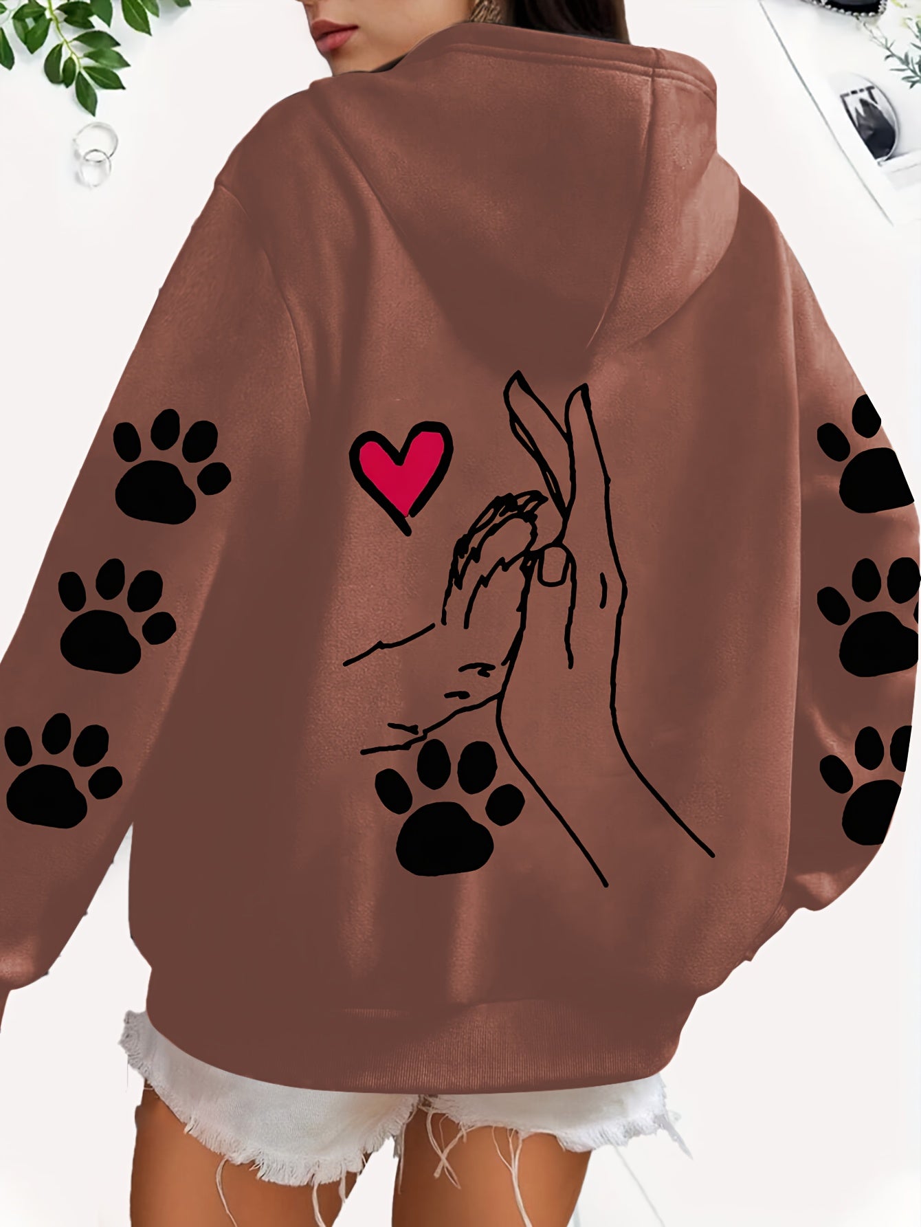Women's Oversized Polyester Hoodie with Dog Paw Heart Graphic All-Season