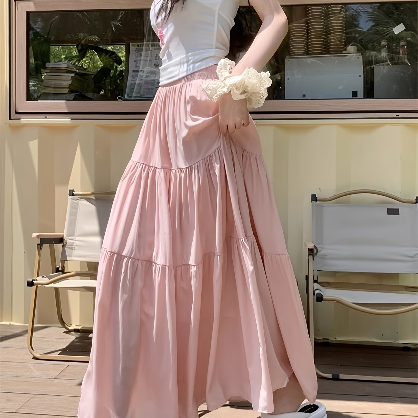 Women's Long Tiered A-Line Skirt Elastic High Waist Flared Hem Solid Polyester for Spring Summer Fall