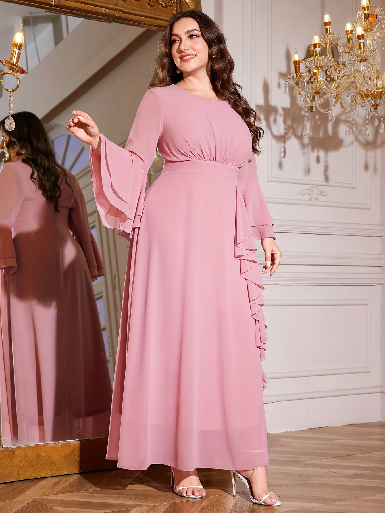 Plus Size Bridesmaid Dress Ruched Waist Ruffle Crew Neck Solid All-Season