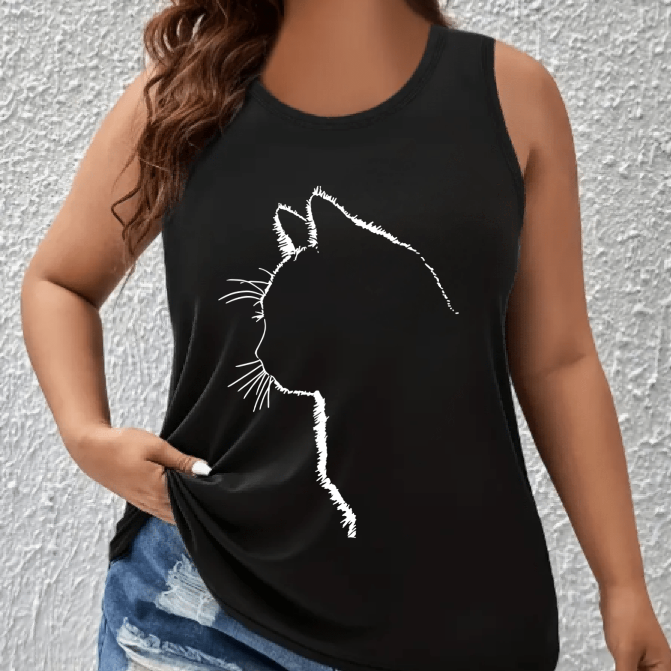 Plus Size Women's Off-Shoulder Vest Top Breathable Polyester Cat Print Green Sleeveless Shirt