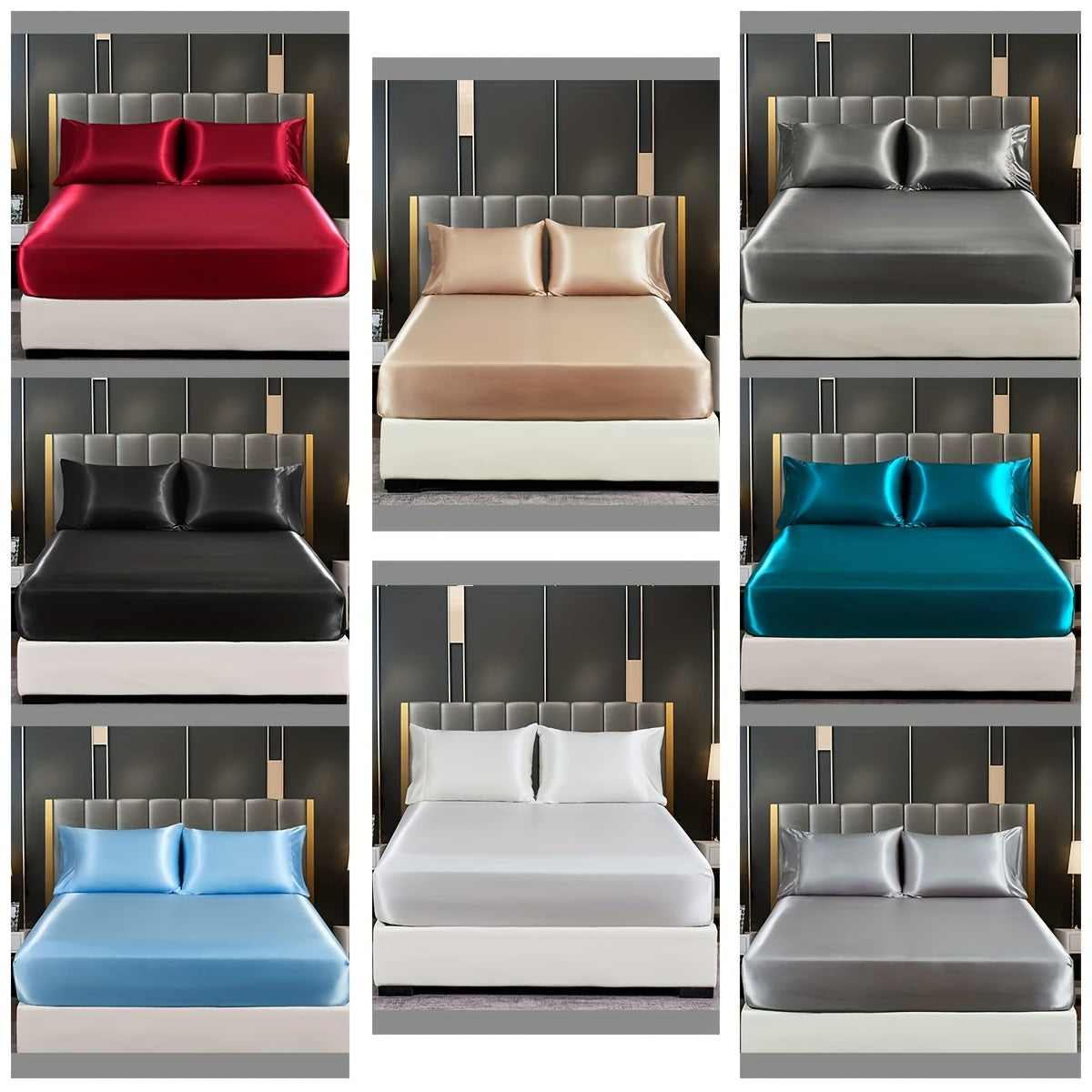 Satin Solid Color Fitted Sheet Luxuriously Soft Bedding for Bedroom and Guest Room