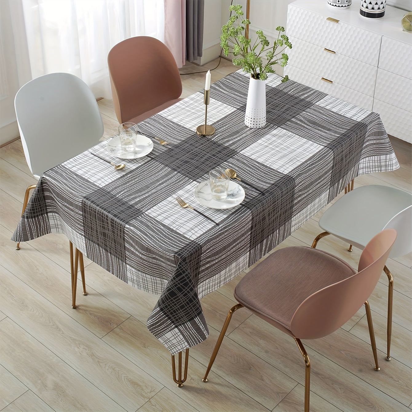 Rectangular PVC Tablecloth Waterproof Heat-Resistant Durable Plaid Design