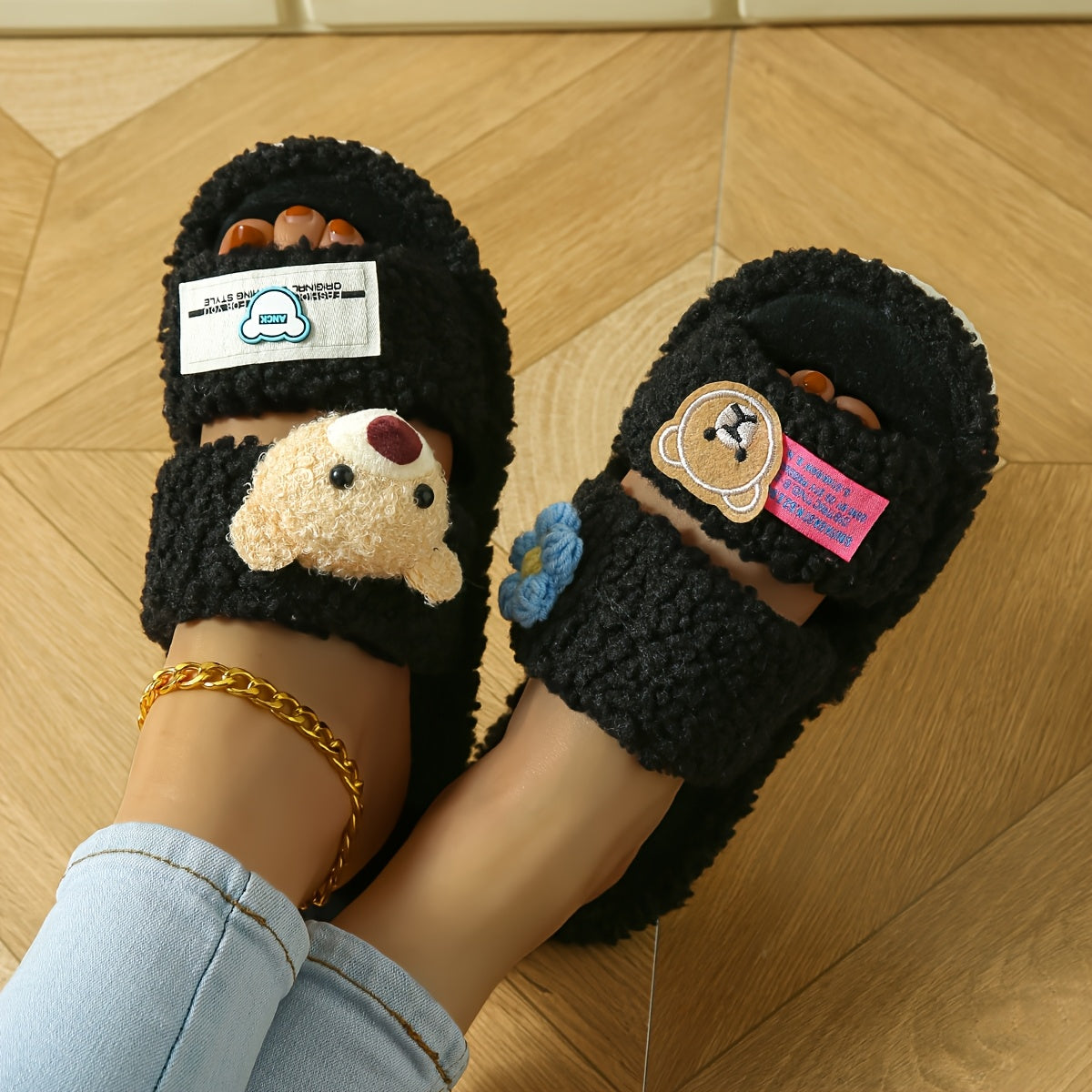 Women's Plush Cartoon Bear Slippers EVA Lightweight Open-Toe Indoor Shoes Black