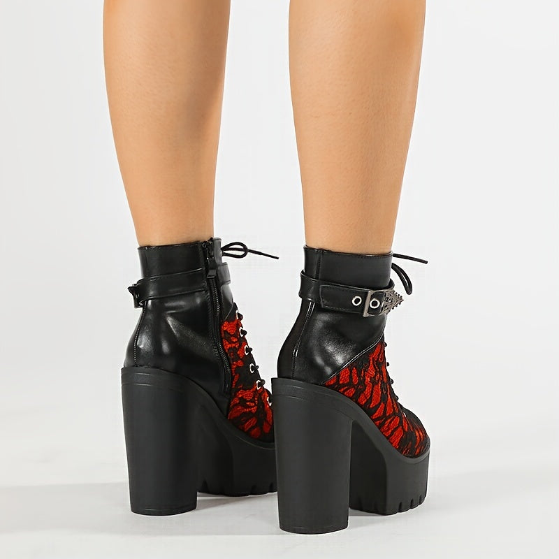 Women's Lace Red High Heel Ankle Boots with Platform Sole