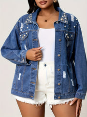 Plus-Size Women's Pearl Distressed Denim Jacket Outerwear