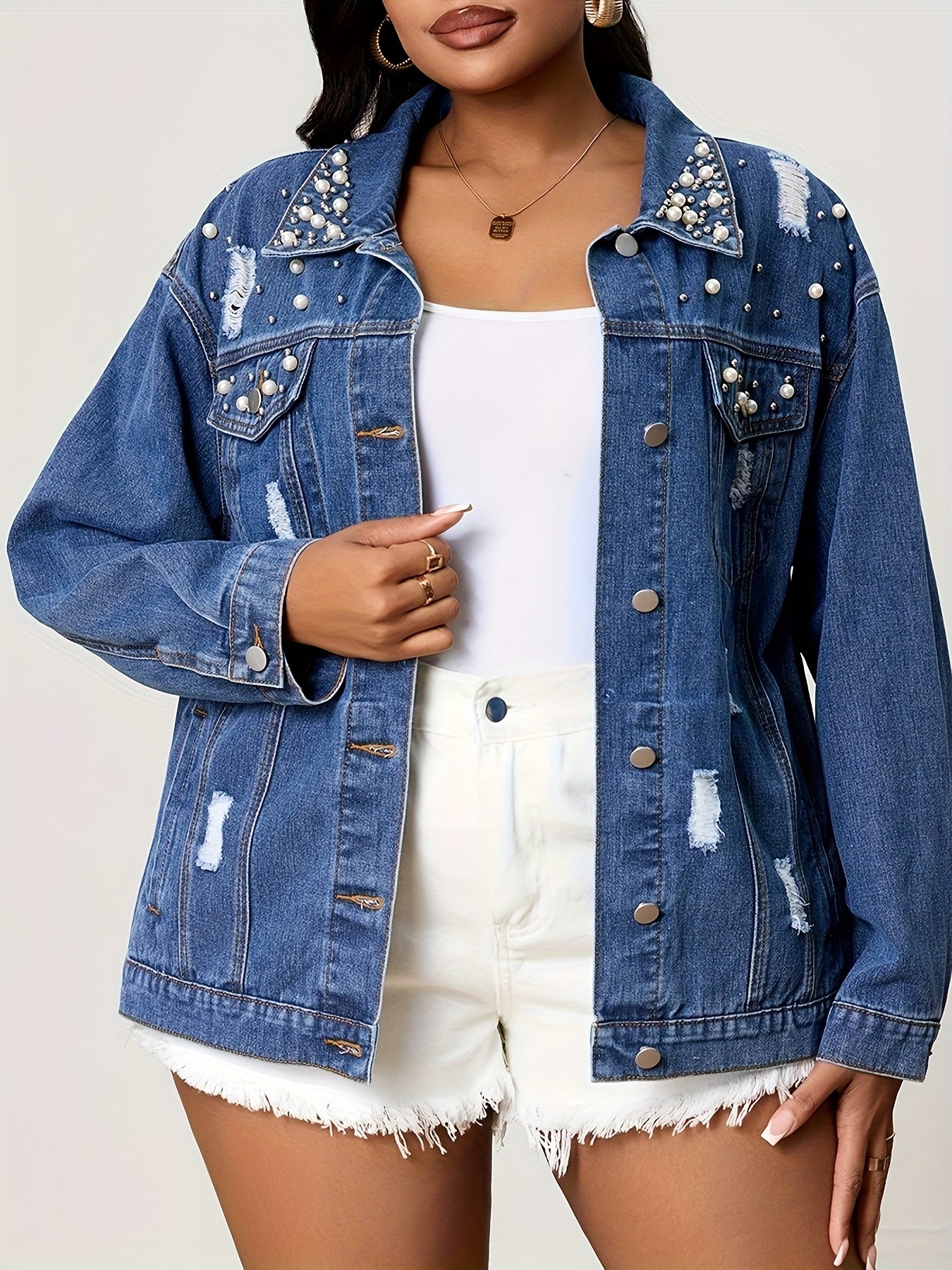 Plus-Size Women's Pearl Distressed Denim Jacket Outerwear