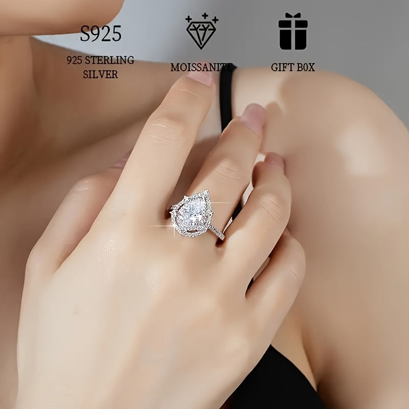 Women's Double Layer Silver Ring with Pear Moissanite 2ct Engagement Wedding Gift