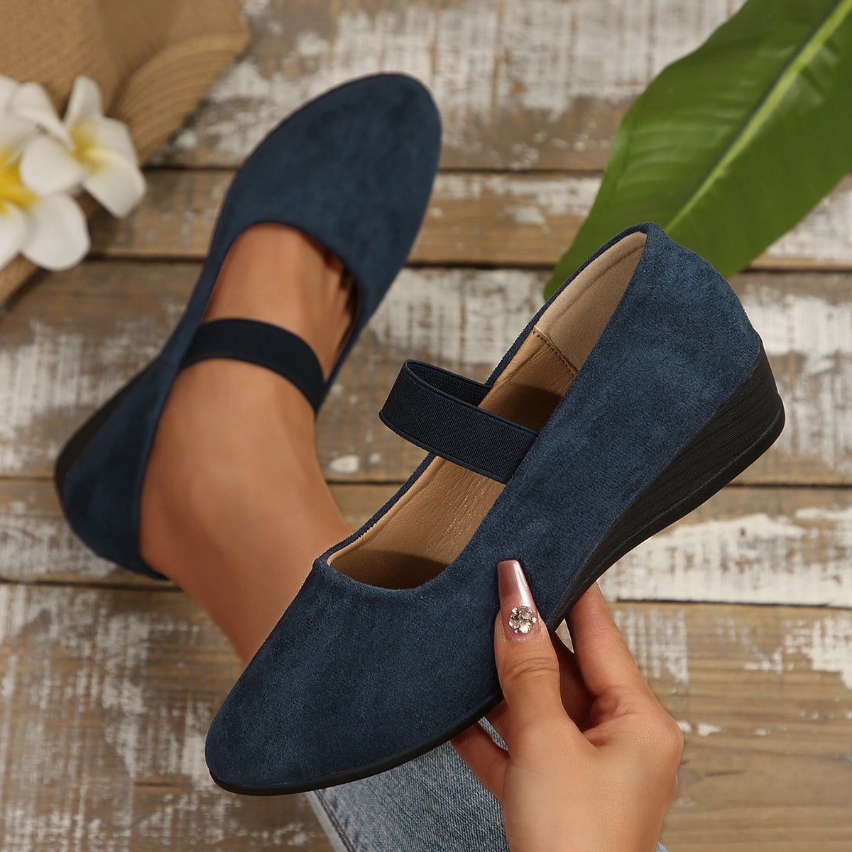 Women's Black Slip-On Wedge Heeled Shoes with Cushioned Insole and Rubber Sole