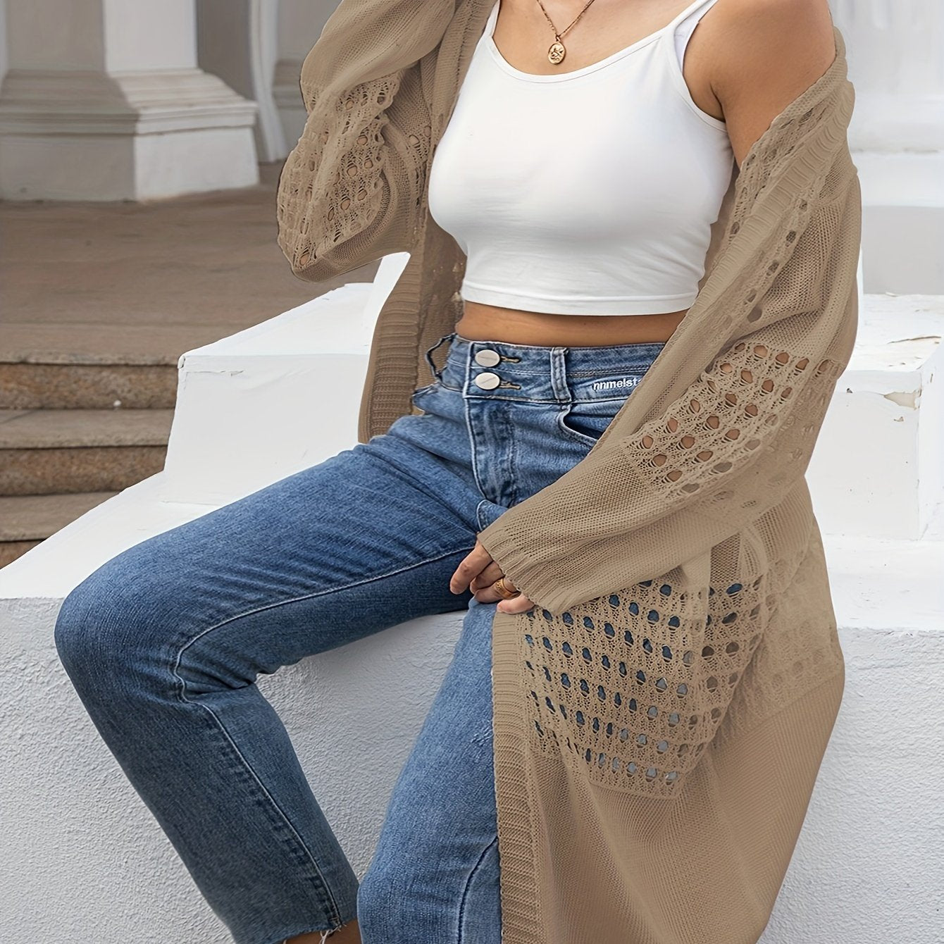 Cárdigan de punto para mujer talla grande con manga larga, abertura frontal y bordado, estilo flyaway