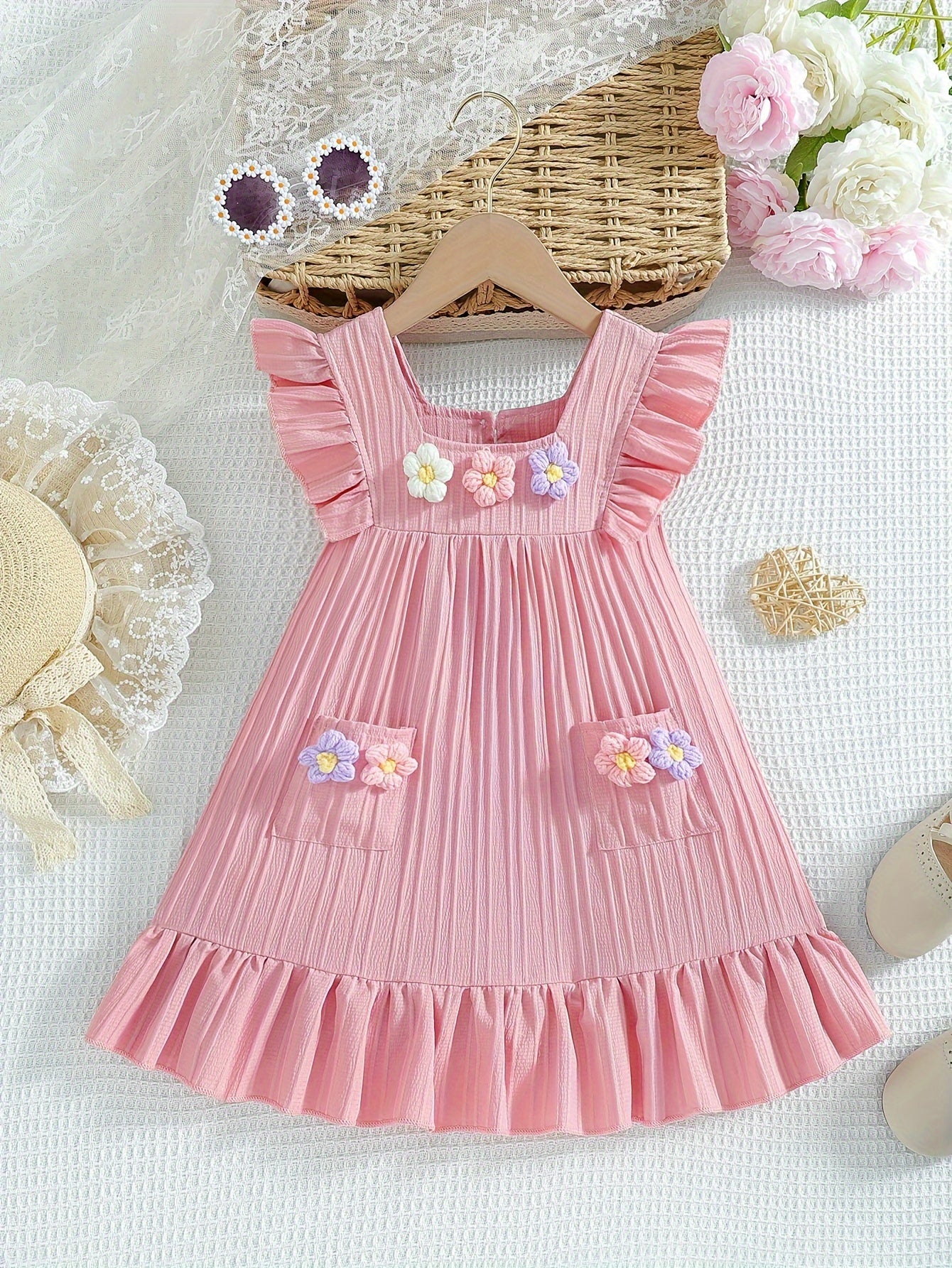 Girls' Light Blue Summer Dress with 3D Floral Embellishments Ruffle Sleeves Knee Length