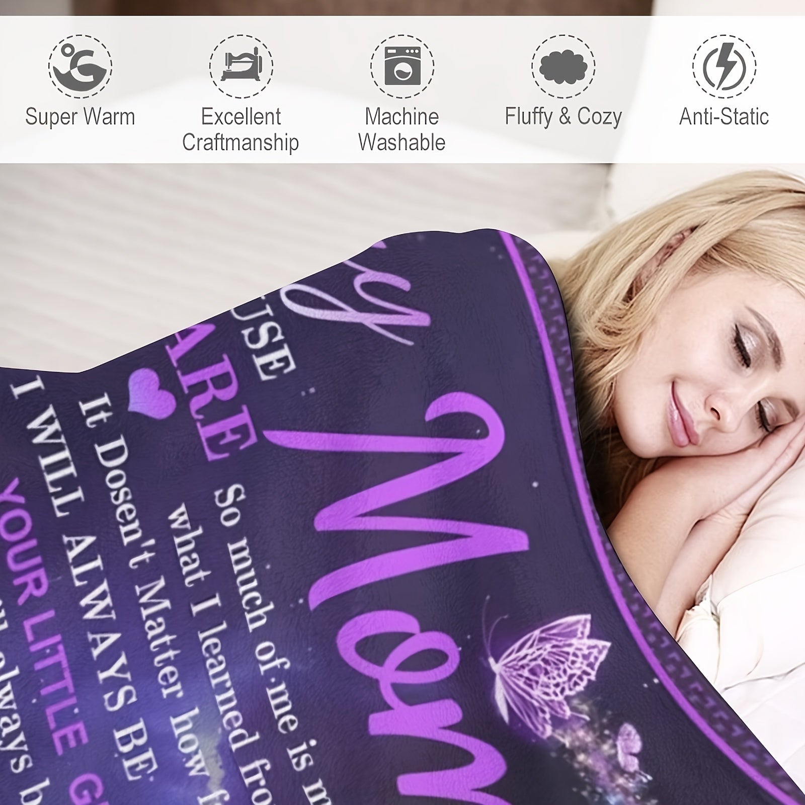 Purple Flowers and Butterfly Print Throw Blanket Soft Warm Gift for Mom