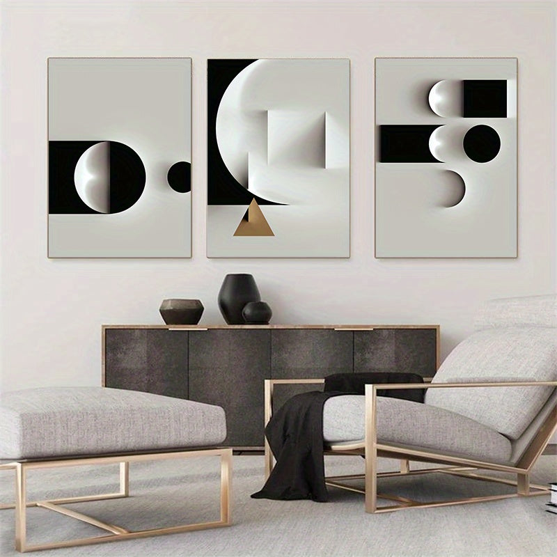 Set of 3 Black and White Geometric Canvas Wall Art Modern Nordic Style for Living Room