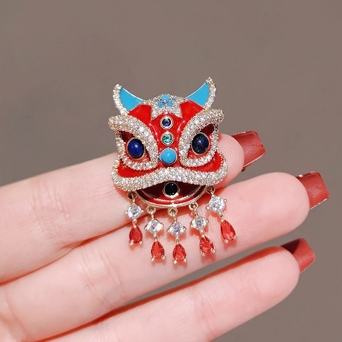 Red Lion Brooch Pin with Crystal Accents for Women Cultural Festival Accessory