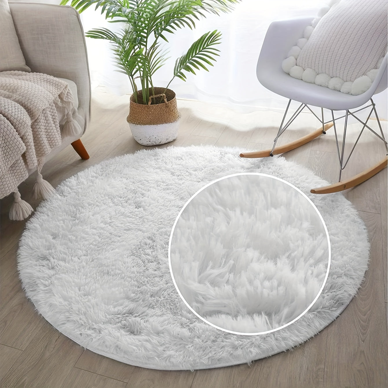 Soft White Round Plush Area Rug for Living Room Bedroom Non-Slip Machine Washable