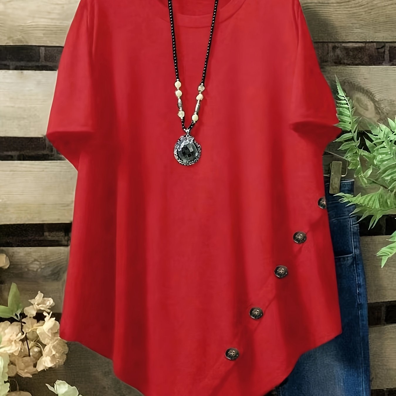 Plus Size Women's Casual Red Round Neck T-Shirt Short Sleeve Stylish Layering
