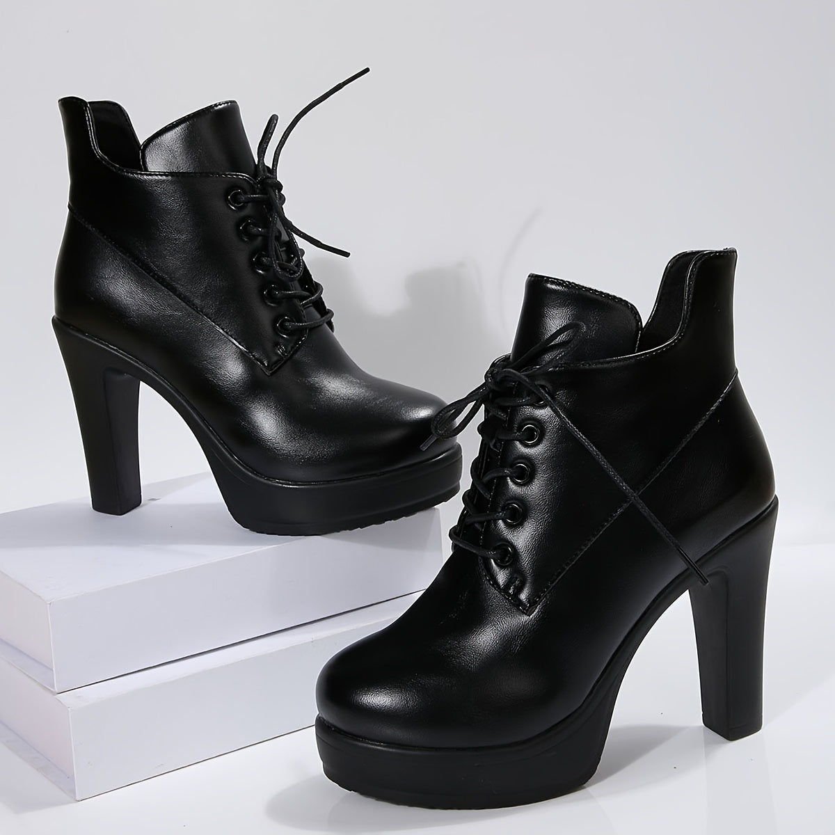 Women’s Black PU Platform Ankle Boots with Zipper, High Heel, Casual or Dress