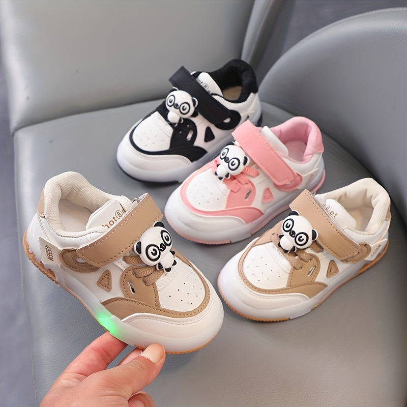 Kids LED Light-Up Sneakers with Panda Design, Low Top, Pink and White