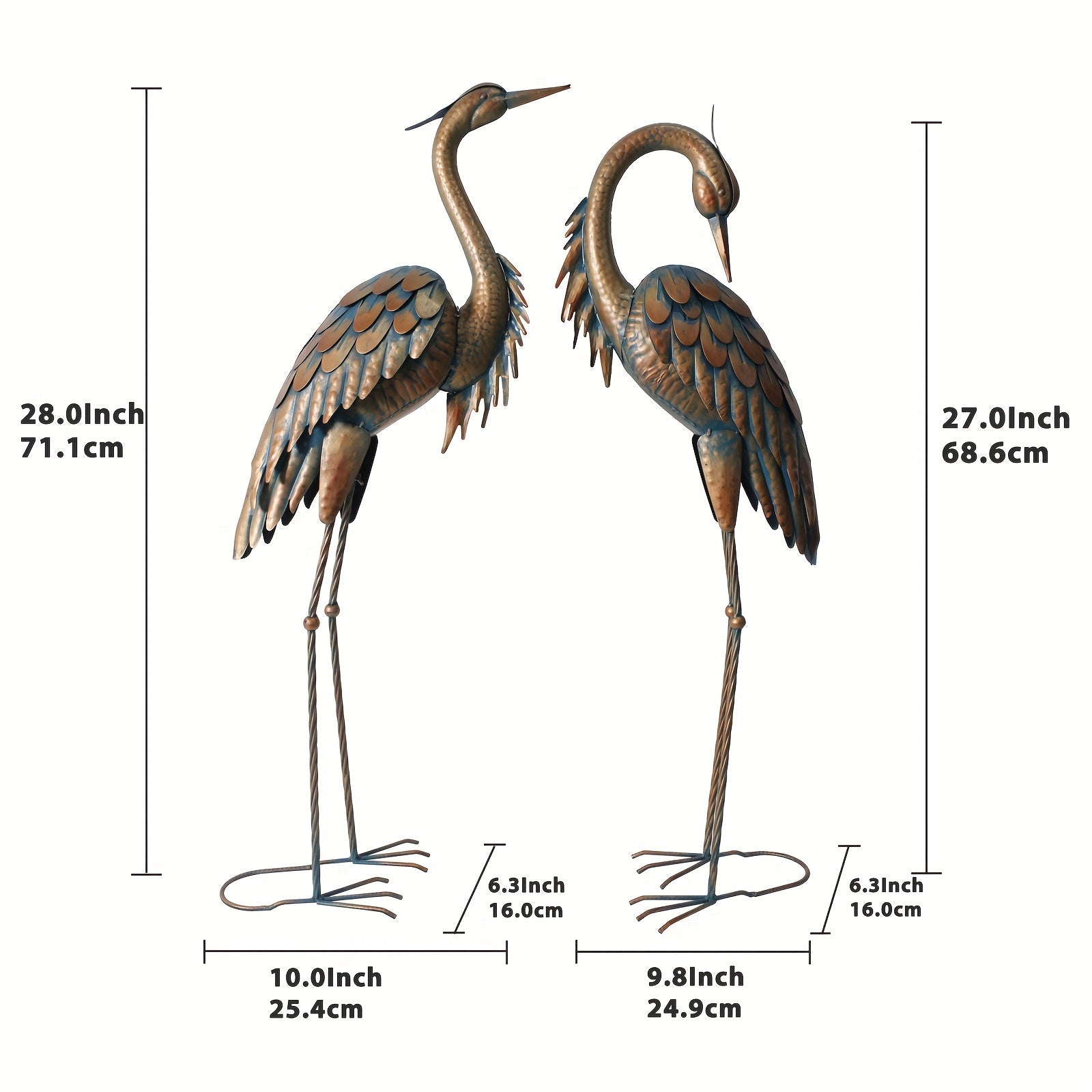 Vintage Copper Metal Crane Statue Outdoor Garden Decor 68-71cm Pack of Two