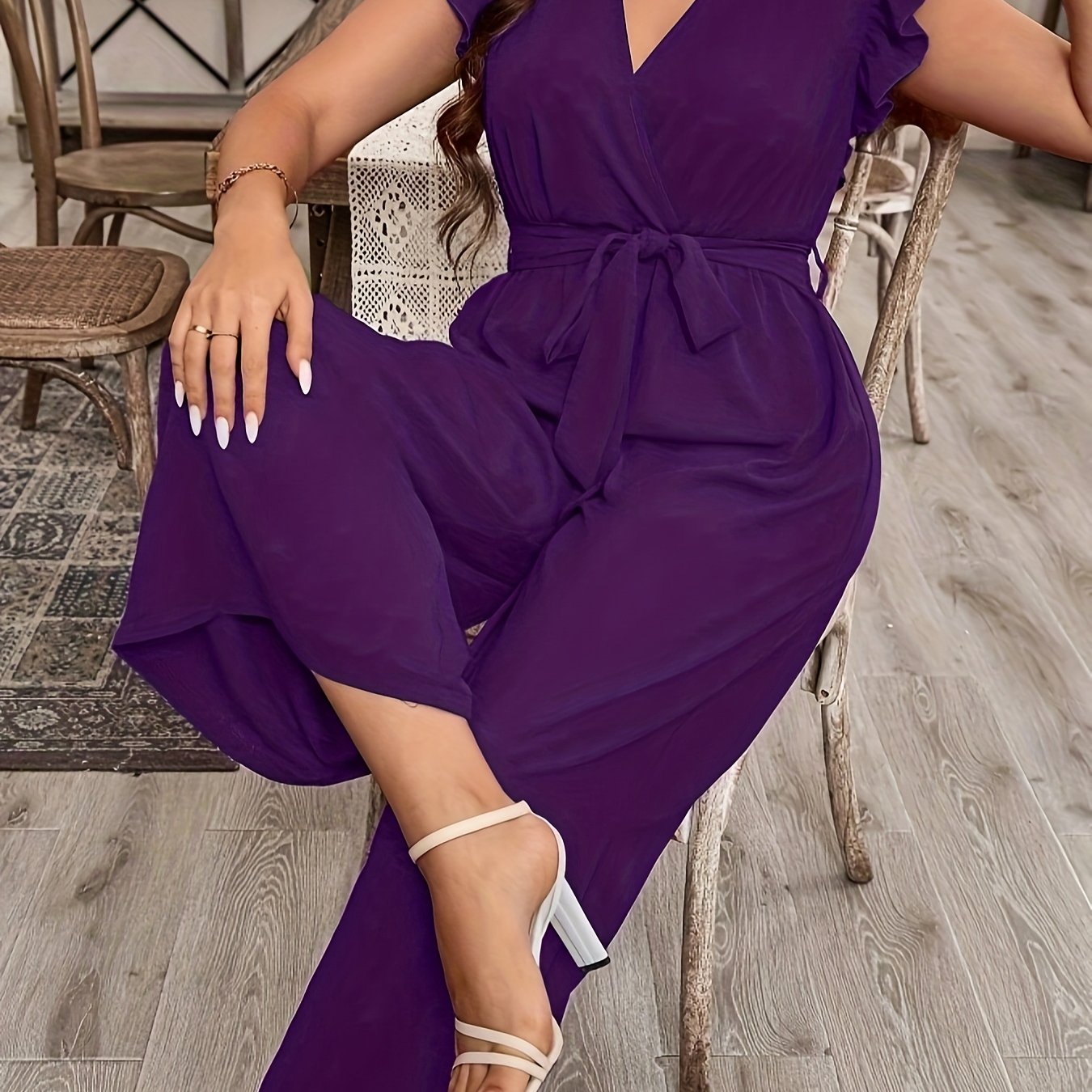 Women's Ruffled Sleeve V-Neck Belted Jumpsuit Solid Color Non-Stretch Fabric