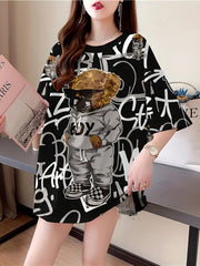 Women's Cartoon Print Casual T-Shirt Short Sleeve Loose Fit Polyester Elastane Long Length