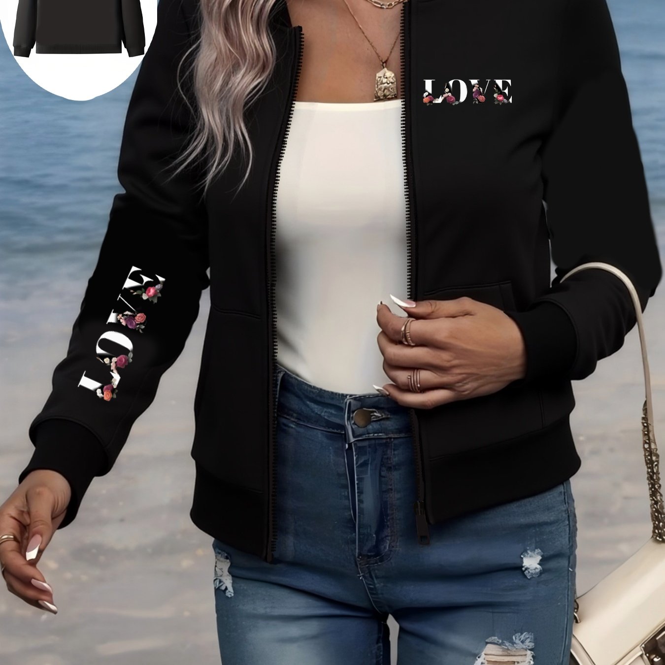 Women's Plus Size Black Bomber Jacket with "LOVE" Print All-Season Casual