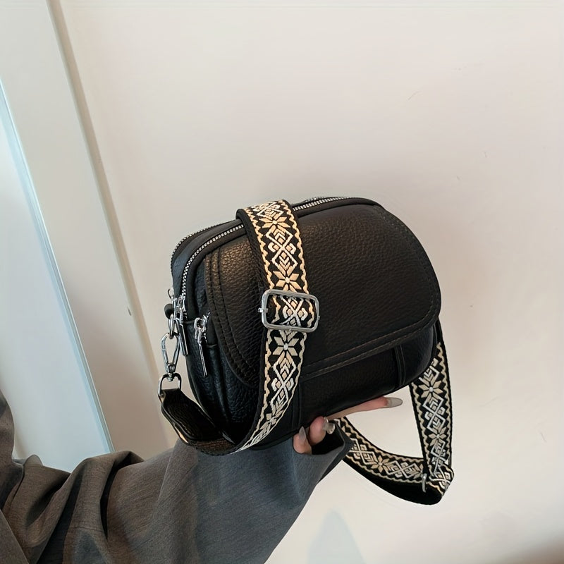 Square Crossbody Bag with Wide Strap Zipper in Solid Color PU Material