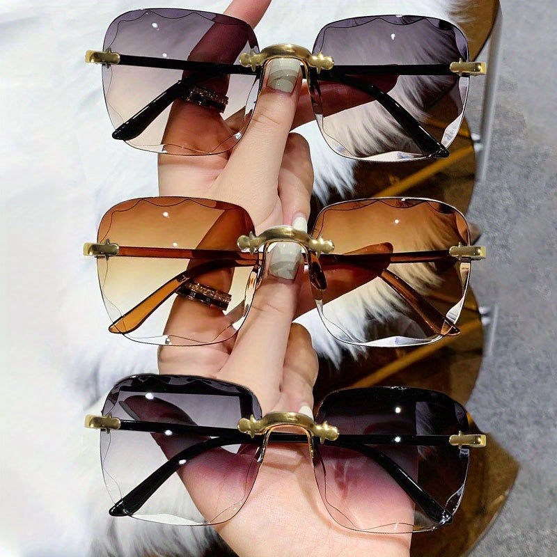 3 dona zamonaviy gradient linzalarga ega, ramkasiz shikarga ega ko'zoynak, plyaj va partiya kiyimlari uchun mukammal.