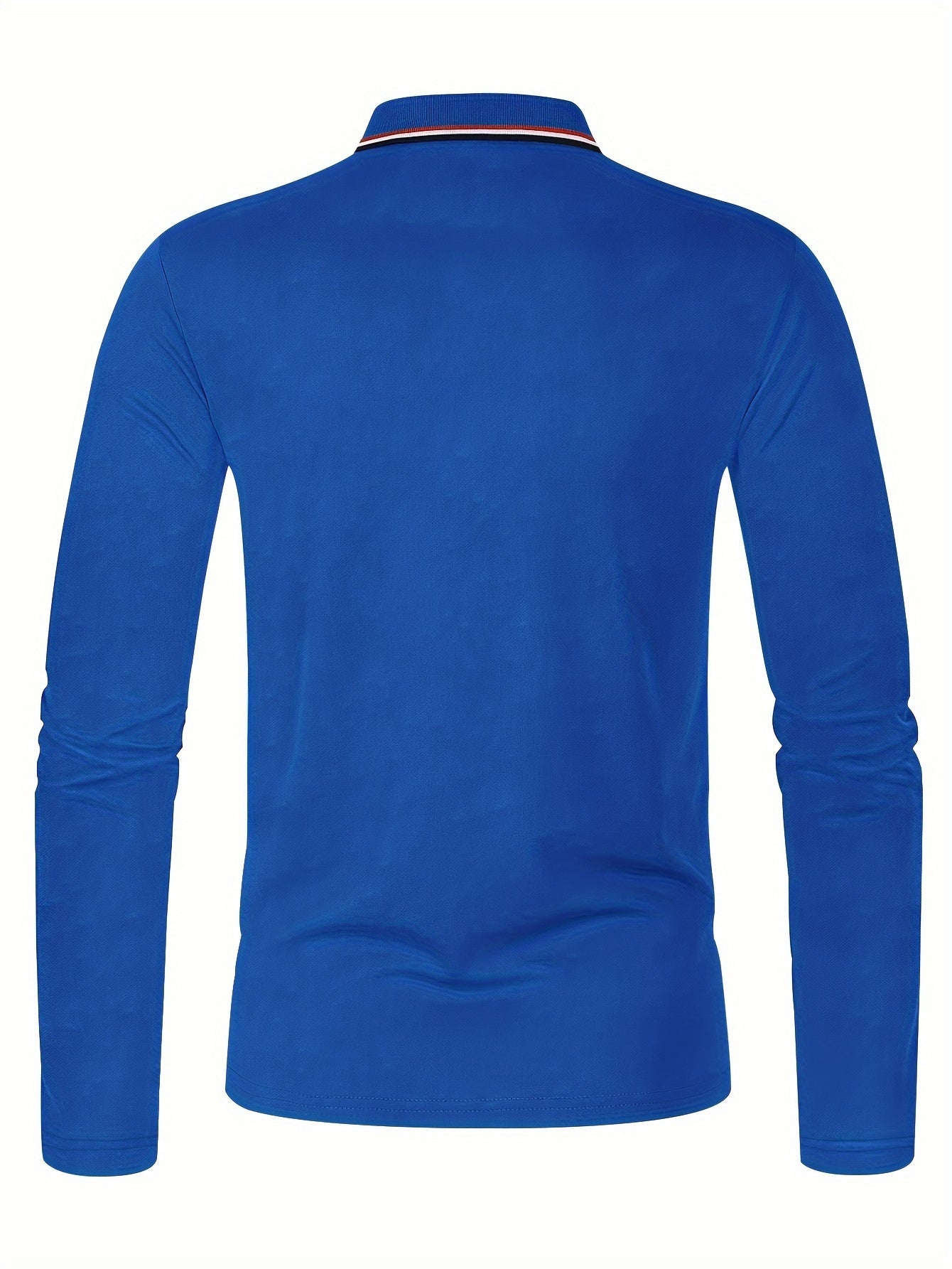 Erkaklar uchun tasodifiy polo ko'ylak, nafas oladigan qulay mato, uzun qo'l, burma yaka, bir xil rang, oddiy kesim, to'qilgan mato, 100% polyester, tugma tafsilotlari, kuz mavsumi uchun mos -