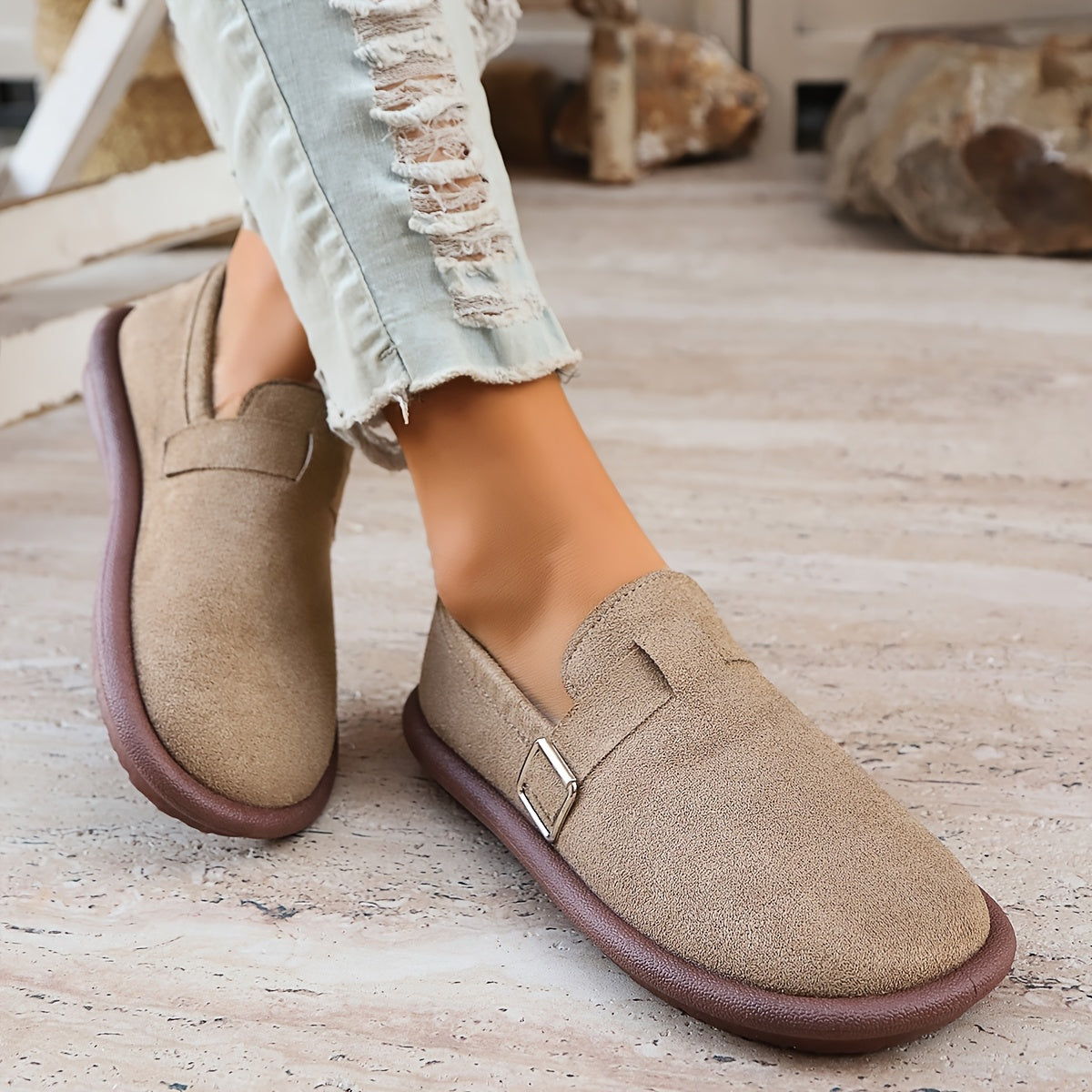 Women's Fabric Loafers with Buckle and Sequin Accent All-Season Slip-On Shoes